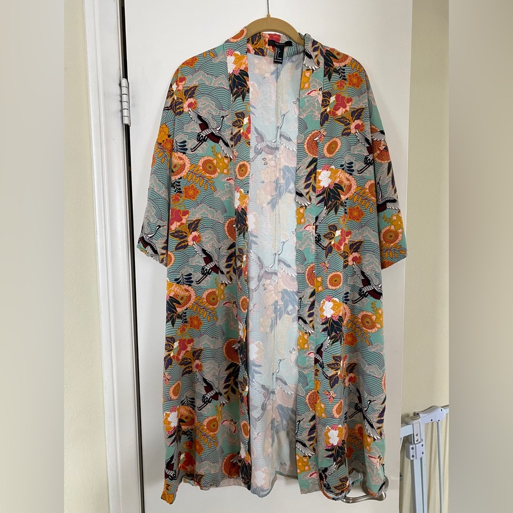 Forever 21 Style Floral Bird Print Kimono Beautiful Sea-foam/Mustard Color-way